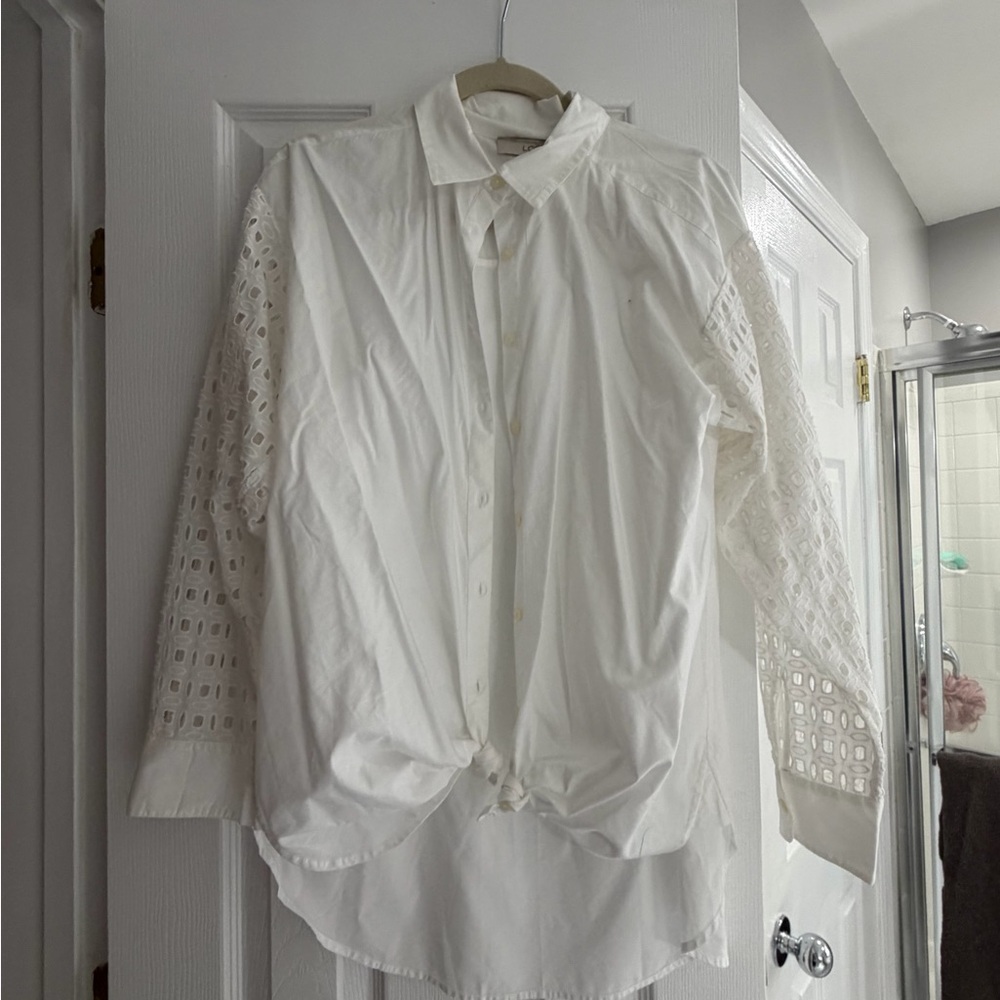 White Eyelet Sleeve Button-Down Shirt - Women's Casual Shirt